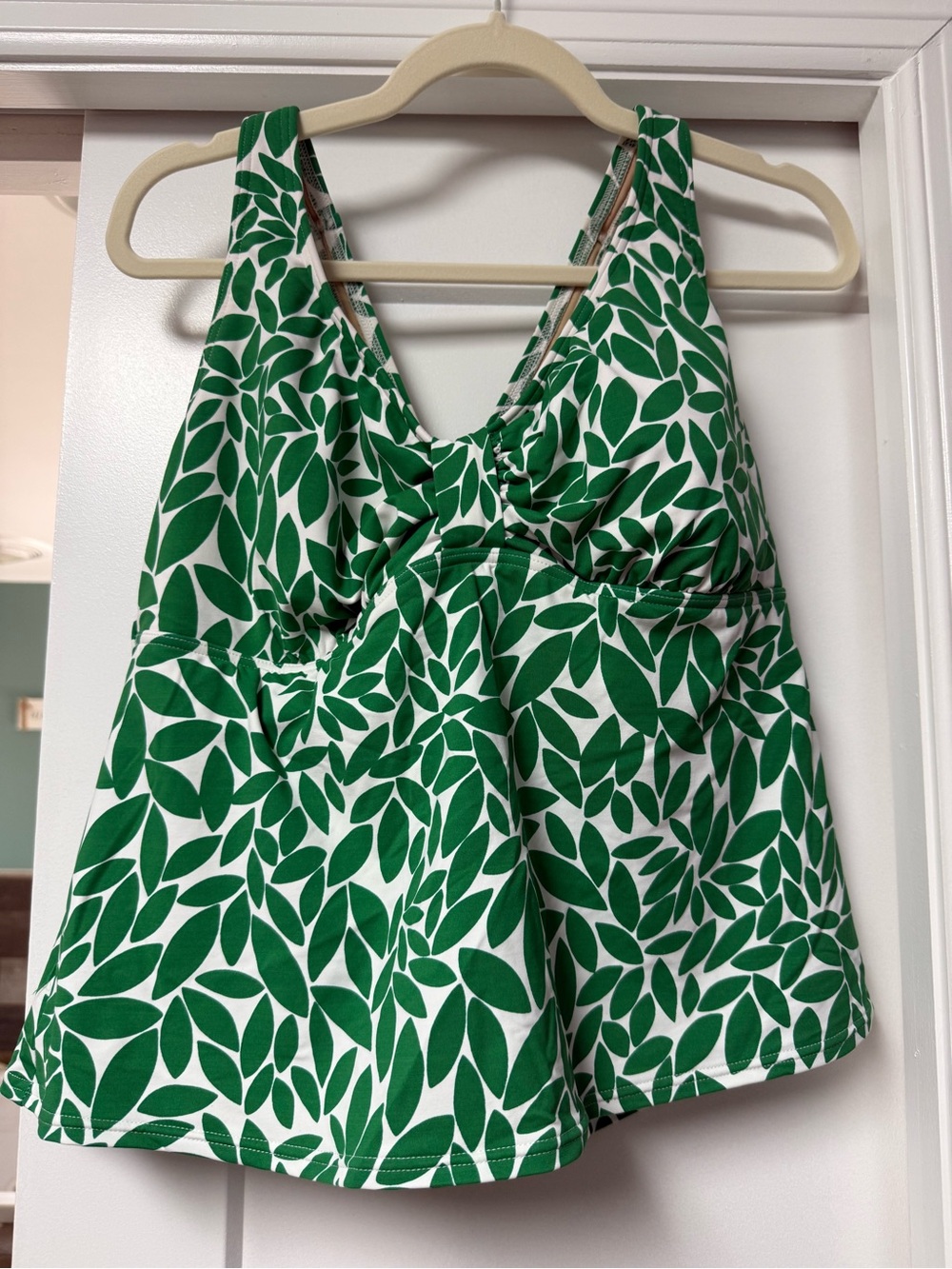 Lands' End Green and White Leaf-Print Tankini Top with cross cross back